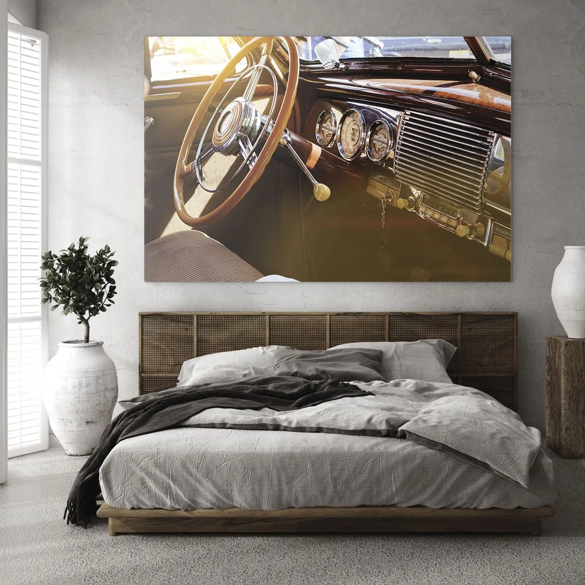 Impression sur verre - Image sur verre - Intérieur d'une voiture ancienne avec un volant en bois - 70x50cm - Souffle de luxe venu du passé - Décoration murale moderne pour le salon et la chambre ARTTOR