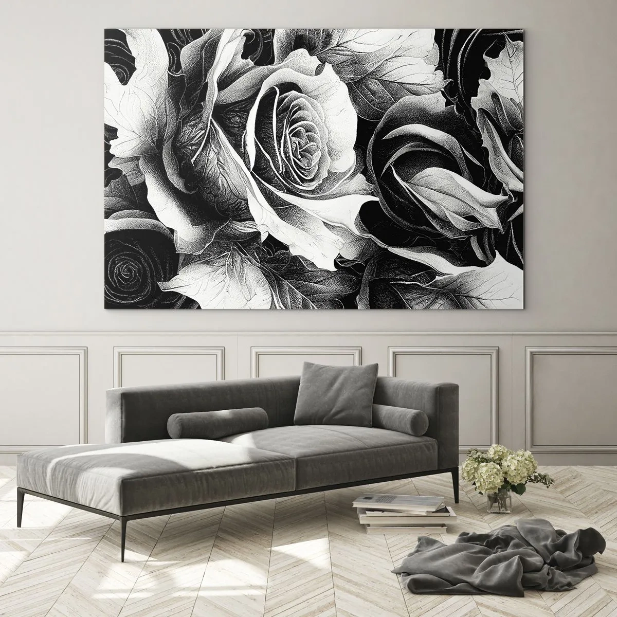 Impression sur verre - Image sur verre - Composition florale de roses noires et blanches avec détails - 70x50cm - Toujours une reine - Décoration murale moderne pour le salon et la chambre ARTTOR