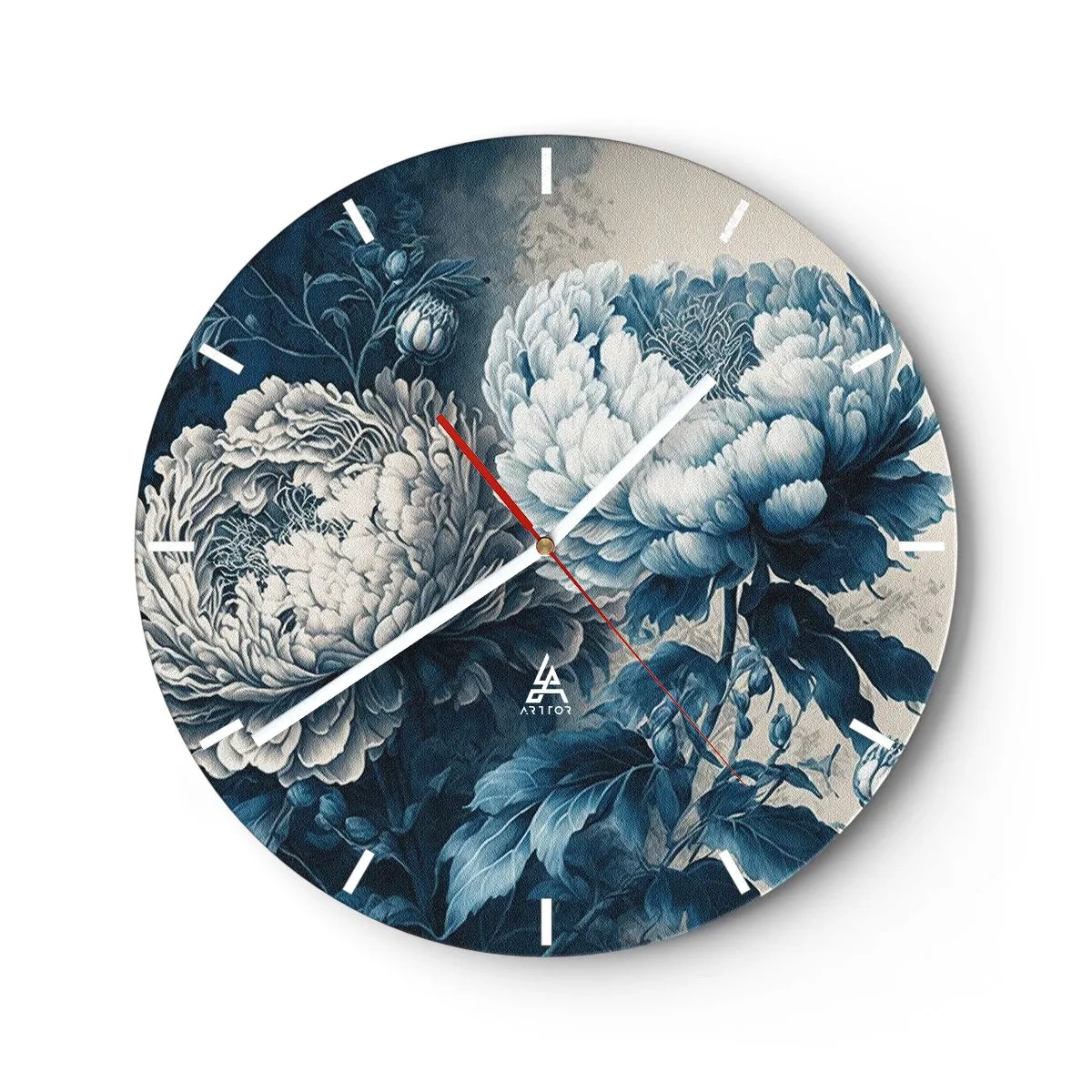 Horloge murale - Pendule murale - Illustration de deux pivoines dans des tons de bleu et de blanc - 30x30cm - Paire assortie - Décoration murale moderne pour le salon, la cuisine et la chambre ARTTOR