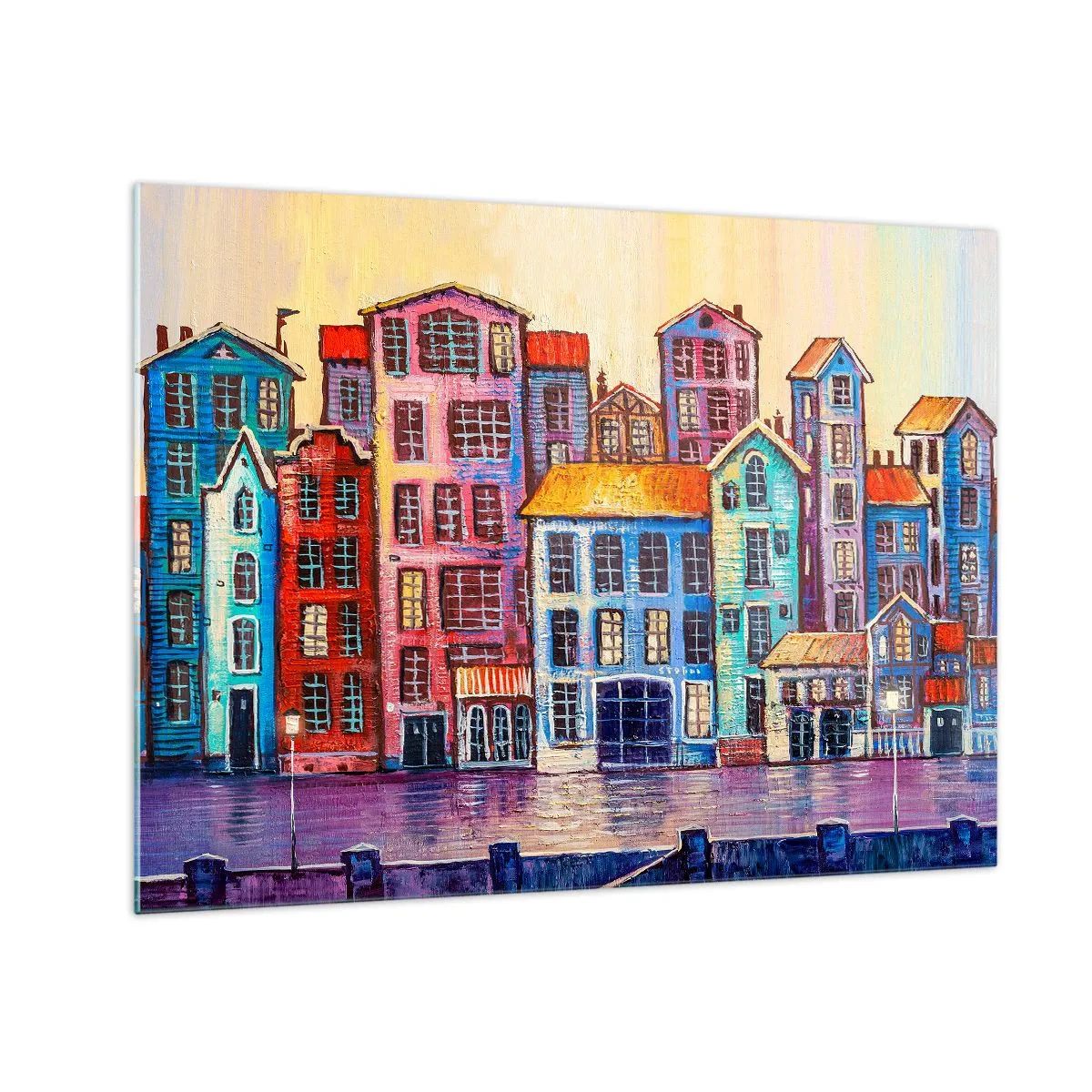 Impression sur verre - Image sur verre - Des immeubles colorés se reflètent dans l'eau - 70x50cm - Une ville comme dans un conte de fées - Décoration murale moderne pour le salon et la chambre ARTTOR