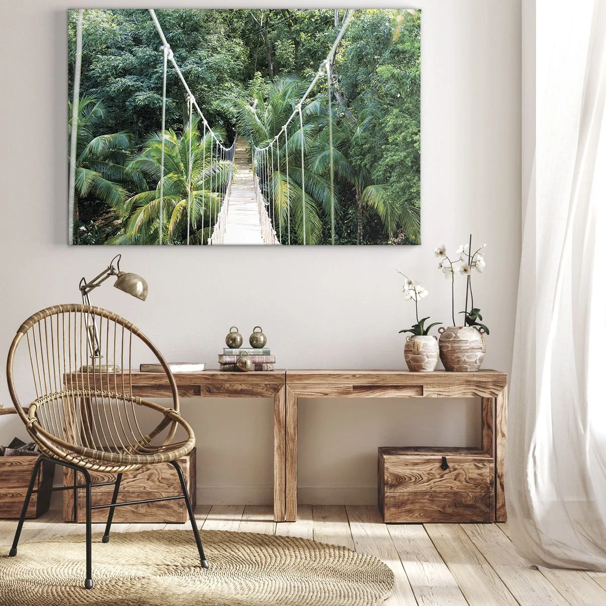 Impression sur toile - Image sur toile - Un pont suspendu dans une jungle tropicale pleine de verdure - 70x50cm - Welcome to the jungle! - Décoration murale moderne pour le salon et la chambre ARTTOR
