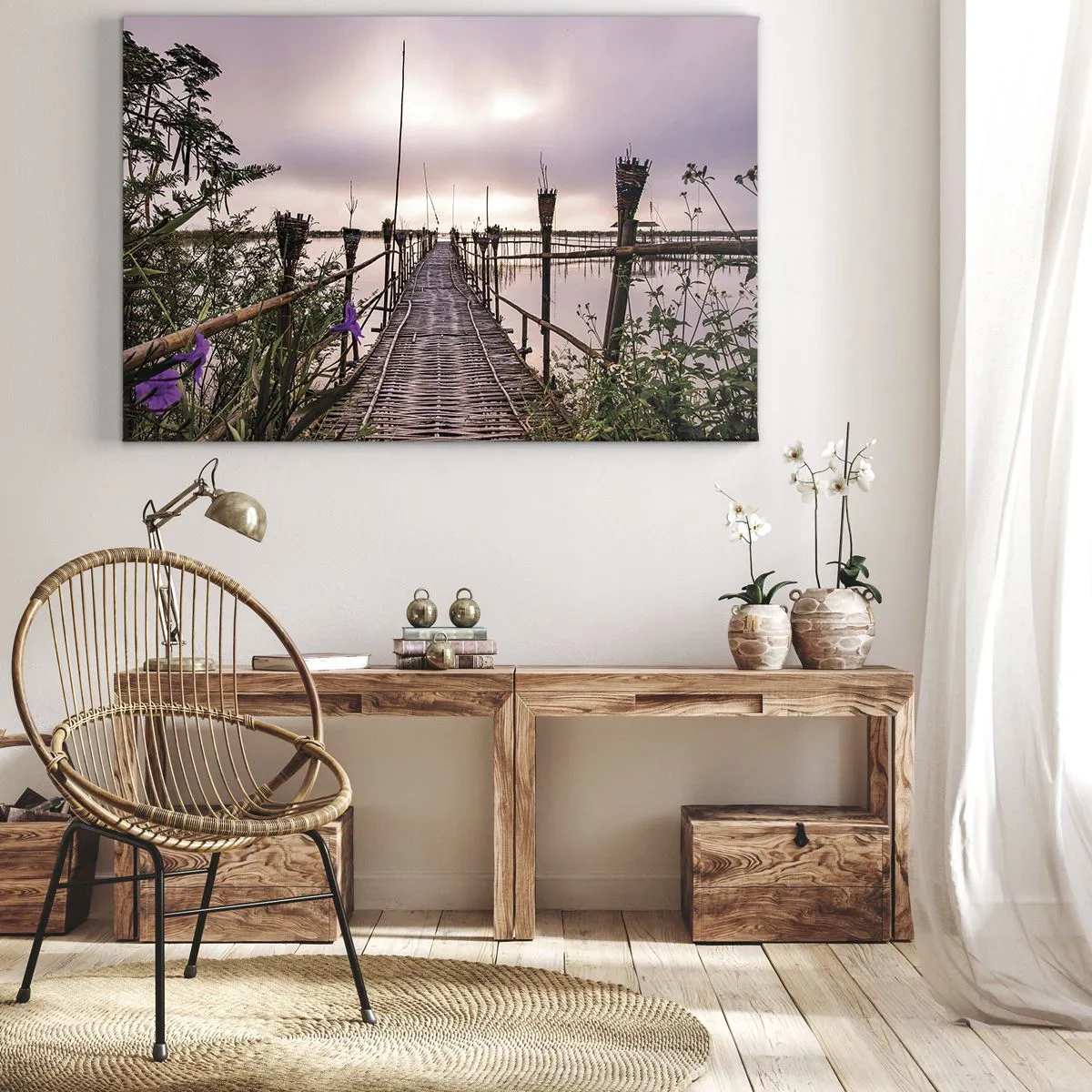 Impression sur toile - Image sur toile - Pont de bambou sur l'eau à l'aube - 70x50cm - Le silence et le calme d'Asie - Décoration murale moderne pour le salon et la chambre ARTTOR