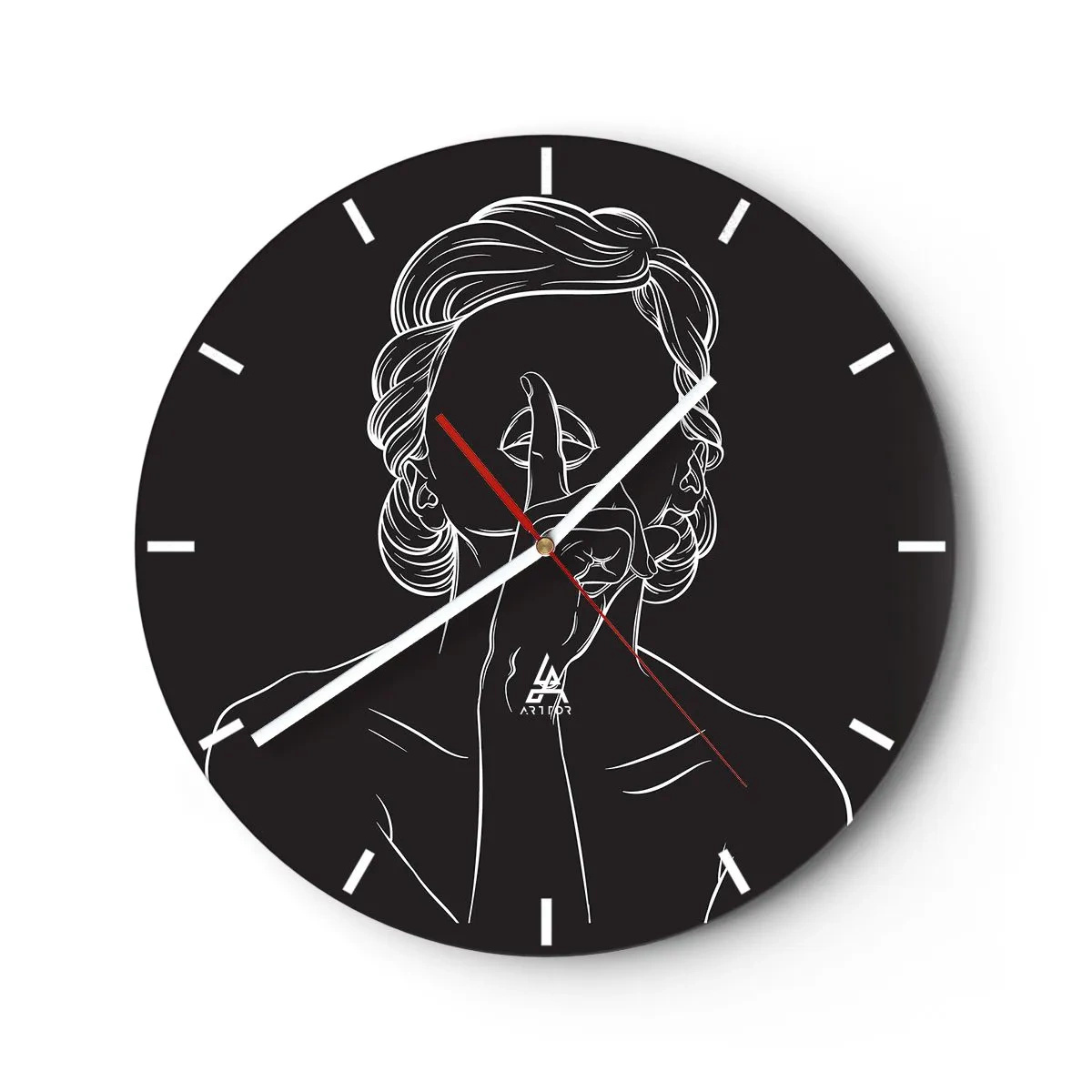 Horloge murale - Pendule murale - Un contour blanc d'une femme avec son doigt sur sa bouche sur un fond noir. - 30x30cm - La beauté s'épanouit en silence - Décoration murale moderne pour le salon, la cuisine et la chambre ARTTOR