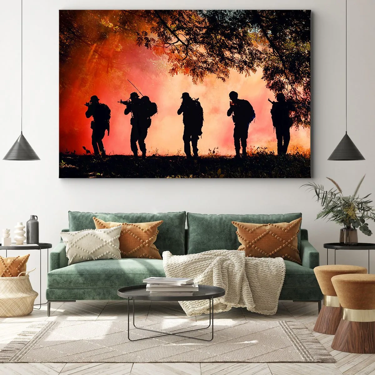 Impression sur toile - Image sur toile - Silhouettes de soldats dans la forêt contre le ciel orange - 70x50cm - … Tous pour un. - Décoration murale moderne pour le salon et la chambre ARTTOR