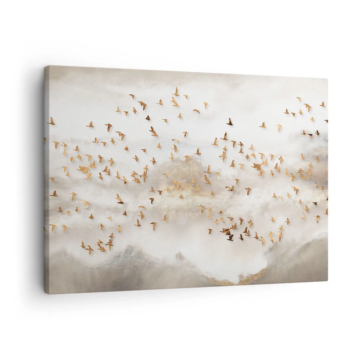 Impression sur toile - Image sur toile - Oiseaux dorés contre les montagnes brumeuses - 70x50cm - Il est l'heure… - Décoration murale moderne pour le salon et la chambre ARTTOR