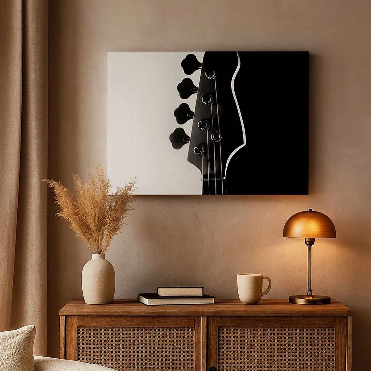 Impression sur toile - Image sur toile - Silhouette noire et blanche d'une tête de guitare basse - 70x50cm - Silence de roche - Décoration murale moderne pour le salon et la chambre ARTTOR
