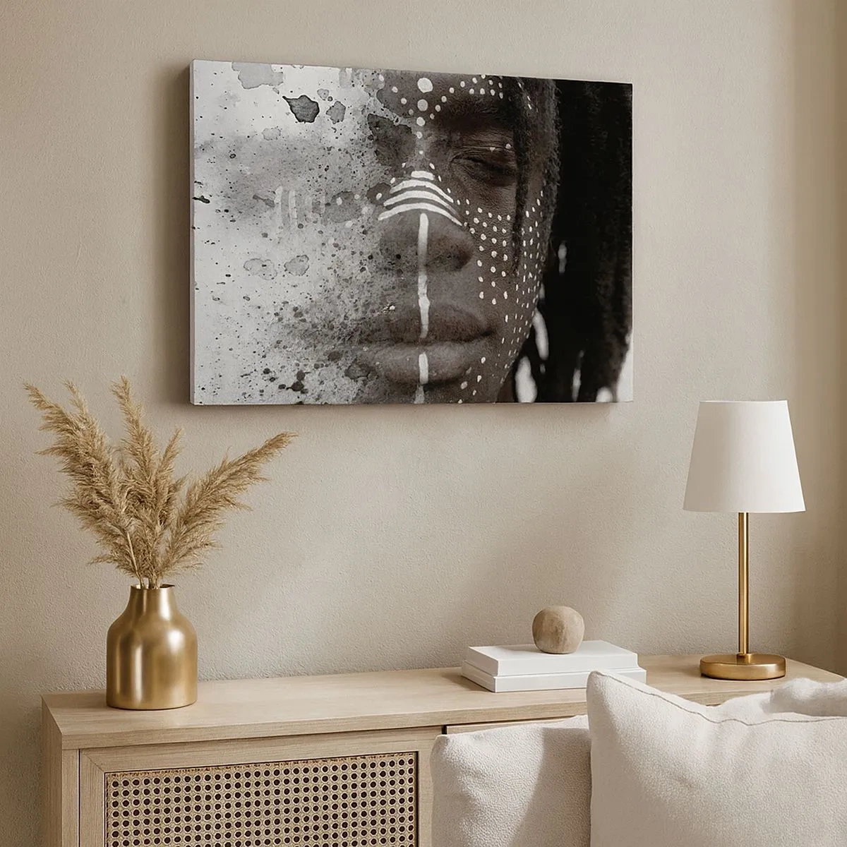 Impression sur toile - Image sur toile - Portrait de visage artistique avec des motifs blancs abstraits - 70x50cm - Découvrez l'esprit primal - Décoration murale moderne pour le salon et la chambre ARTTOR