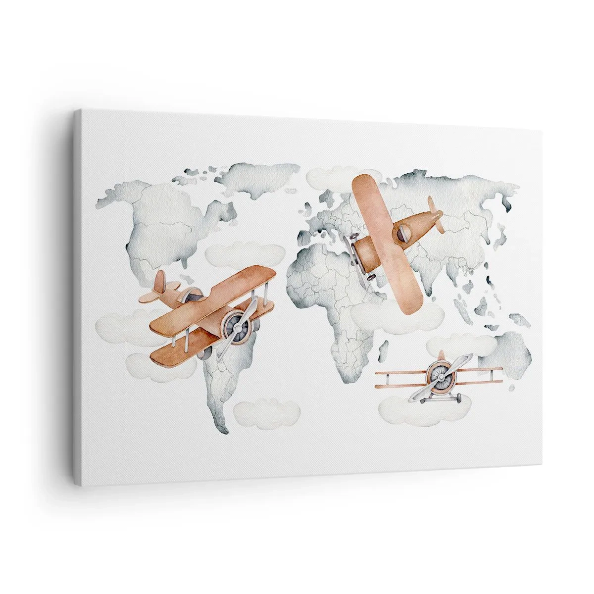 Impression sur toile - Image sur toile - Illustration d'une carte du monde avec des avions - 70x50cm - Dans un esprit pionnier - Décoration murale moderne pour le salon et la chambre ARTTOR