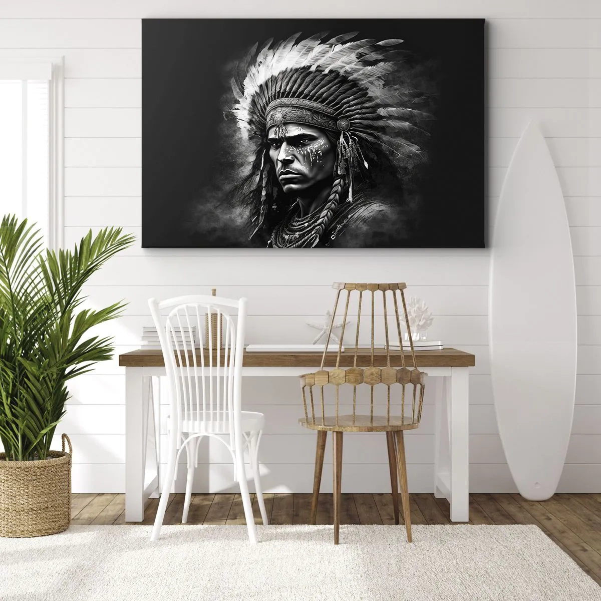 Impression sur toile - Image sur toile - Portrait d'un chef portant une coiffe à plumes sur fond noir - 70x50cm - Un leader et un guerrier - Décoration murale moderne pour le salon et la chambre ARTTOR