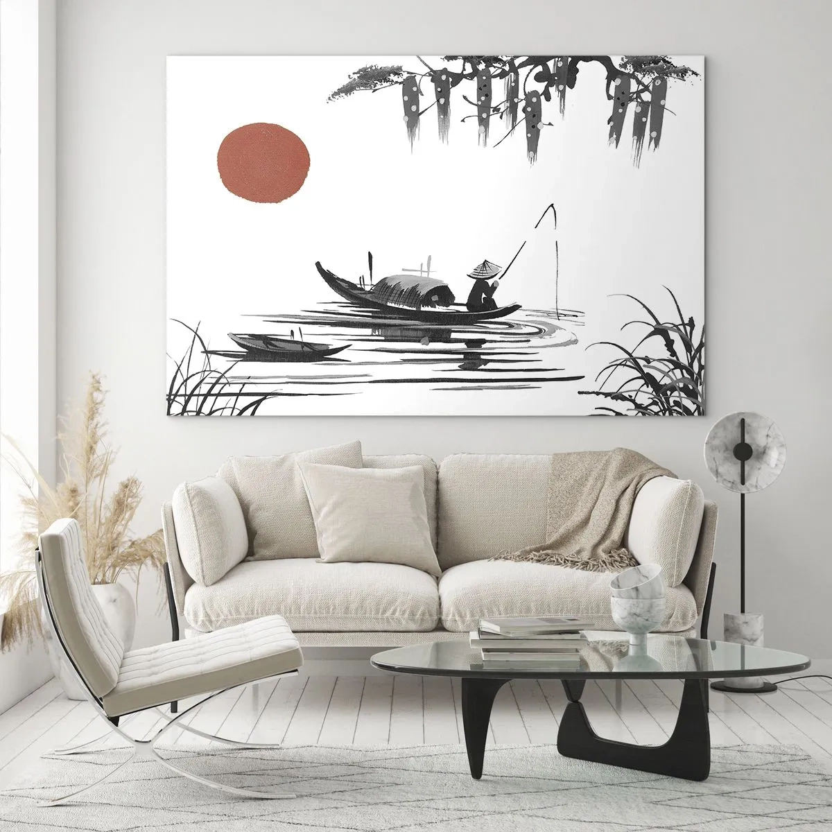 Impression sur verre - Image sur verre - Bateau de pêche traditionnel sur une rivière avec un soleil rouge - 70x50cm - Après-midi asiatique - Décoration murale moderne pour le salon et la chambre ARTTOR