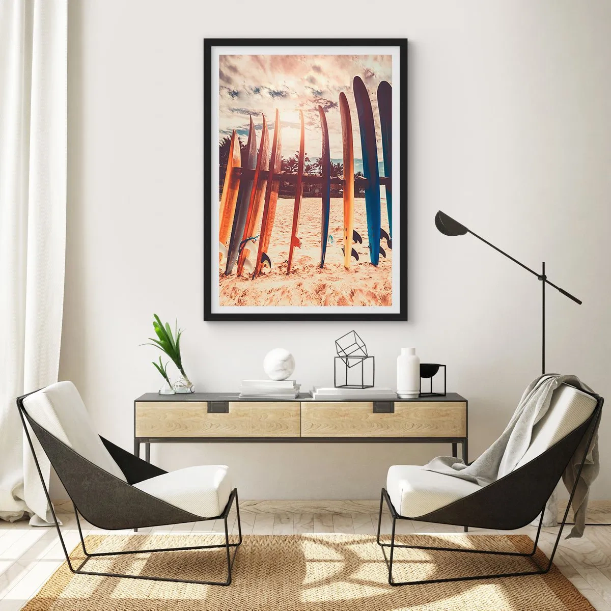 Affiche dans un cadre noir - Poster - Planches de surf colorées sur fond de plage et de palmiers - 50x70cm - Bonne nuit, à demain - Décoration murale moderne pour le salon et la chambre ARTTOR