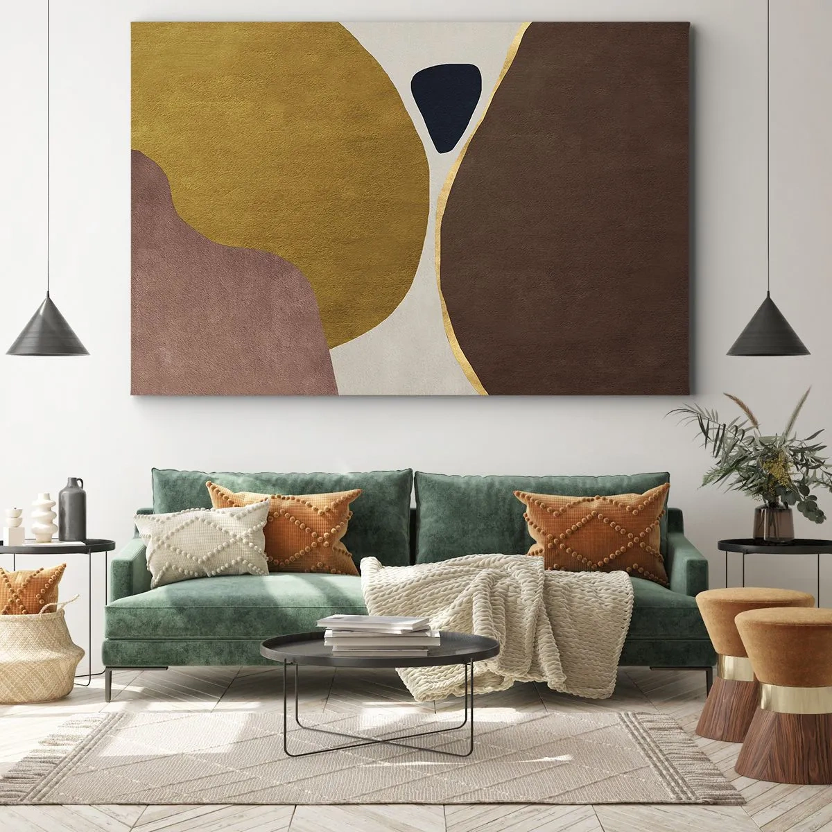 Impression sur toile - Image sur toile - Une composition abstraite avec des formes géométriques aux couleurs chaudes. - 70x50cm - L'abstraction – une place dans l'espace - Décoration murale moderne pour le salon et la chambre ARTTOR