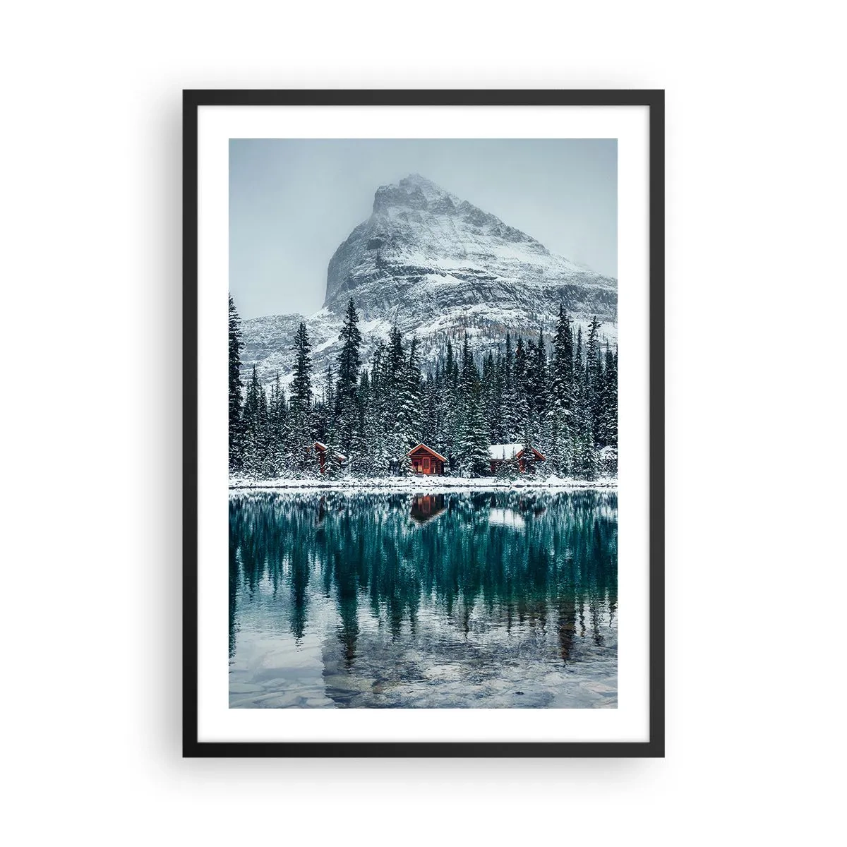Affiche dans un cadre noir - Poster - Paysage d'hiver avec des chalets au bord du lac et une montagne en arrière-plan - 50x70cm - Retraite canadienne - Décoration murale moderne pour le salon et la chambre ARTTOR