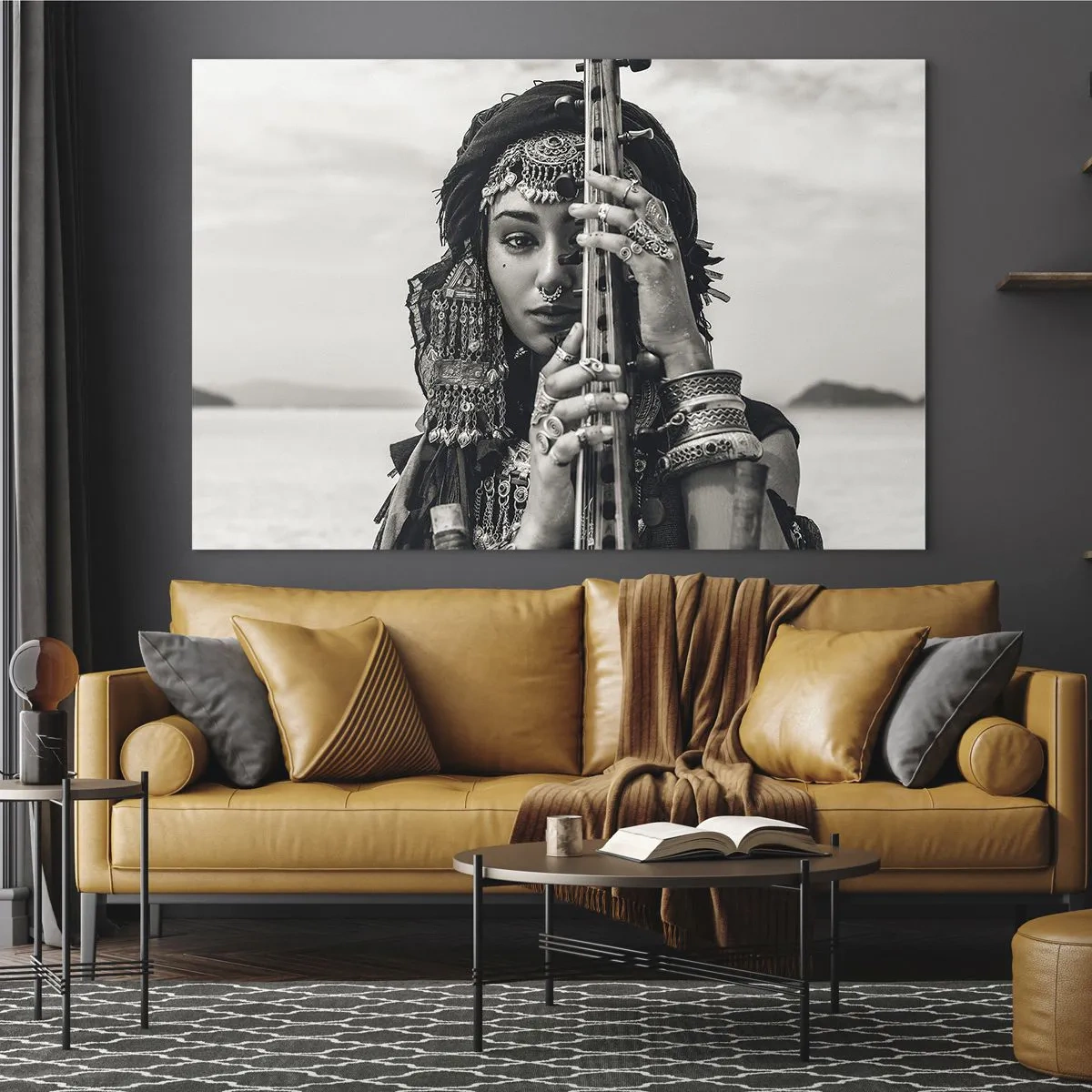 Impression sur verre - Image sur verre - Femme en bijoux orientaux avec un instrument - 70x50cm - Musique de l'Orient elle-même - Décoration murale moderne pour le salon et la chambre ARTTOR