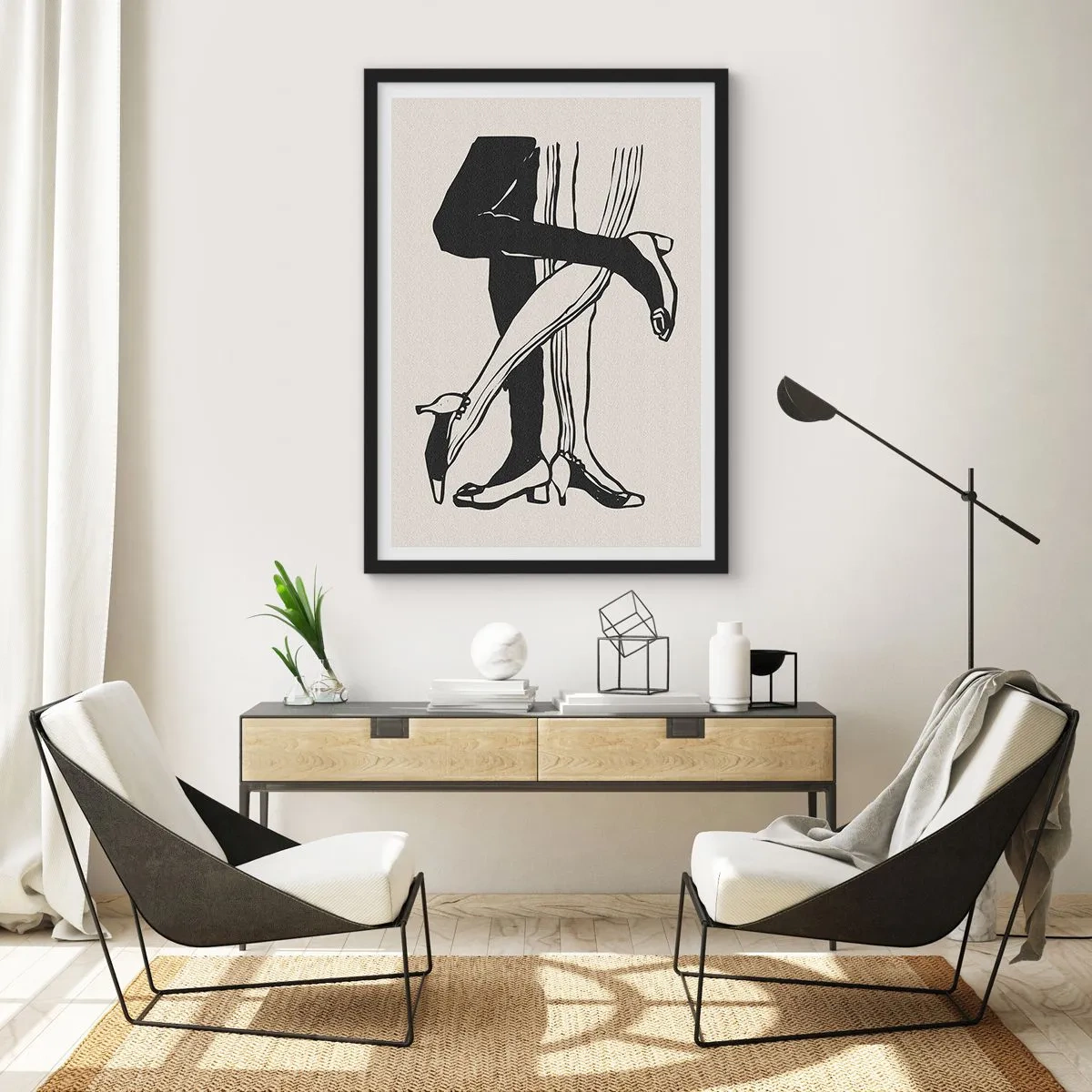 Affiche dans un cadre noir - Poster - Illustration en noir et blanc de jambes entrelacées dansant - 50x70cm - Attribut féminin - Décoration murale moderne pour le salon et la chambre ARTTOR