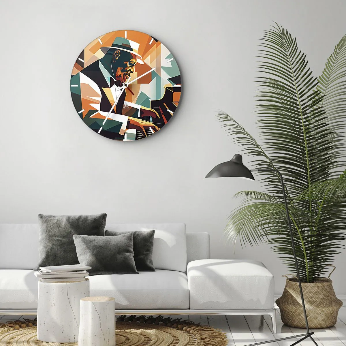 Horloge murale - Pendule murale - Musicien de jazz au piano dans un style géométrique - 30x30cm - C’est tout le jazz - Décoration murale moderne pour le salon, la cuisine et la chambre ARTTOR