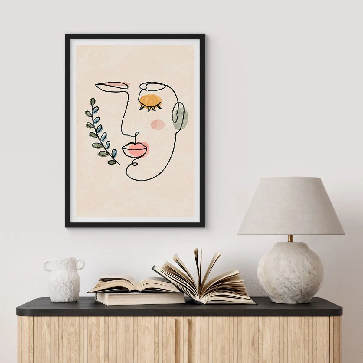 Affiche dans un cadre noir - Poster - Portrait au trait minimaliste d'une femme sur fond beige - 50x70cm - Paix retrouvée - Décoration murale moderne pour le salon et la chambre ARTTOR