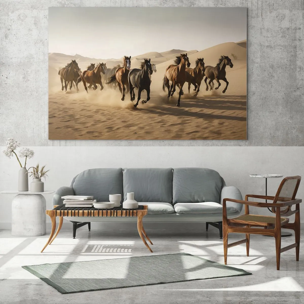 Impression sur verre - Image sur verre - Un troupeau de chevaux au galop dans le désert parmi les dunes de sable - 70x50cm - Libre comme le vent - Décoration murale moderne pour le salon et la chambre ARTTOR