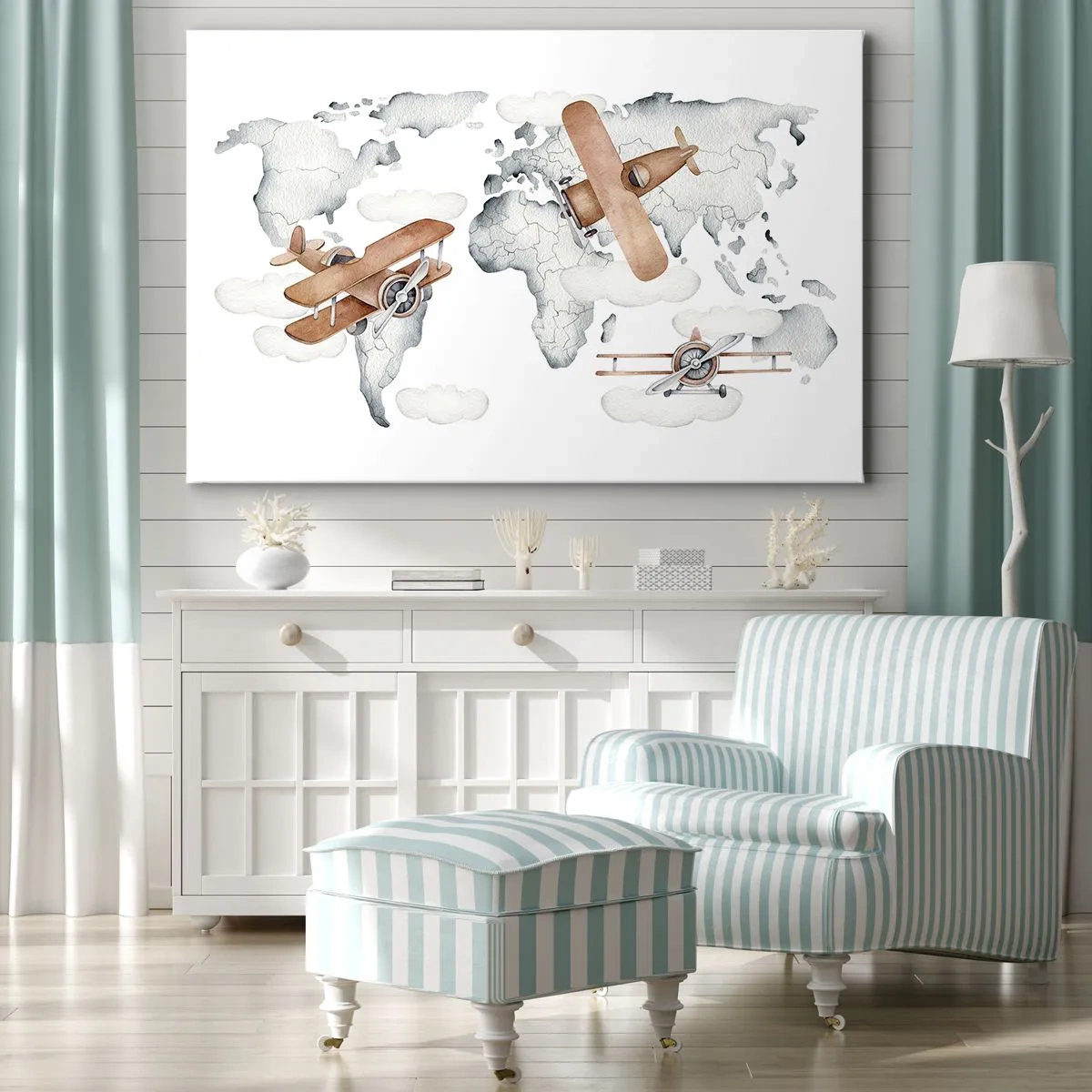 Impression sur toile - Image sur toile - Illustration d'une carte du monde avec des avions - 70x50cm - Dans un esprit pionnier - Décoration murale moderne pour le salon et la chambre ARTTOR