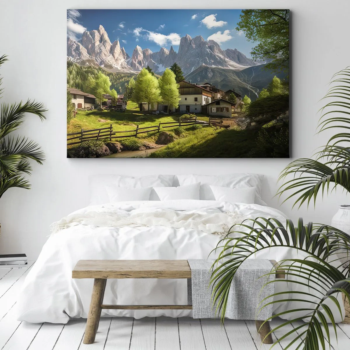 Impression sur toile - Image sur toile - Un village de montagne avec des maisons et une vue sur les Alpes - 70x50cm - Idylle alpine - Décoration murale moderne pour le salon et la chambre ARTTOR