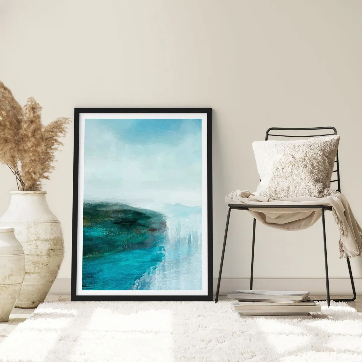 Affiche dans un cadre noir - Poster - Un paysage pittoresque avec une falaise sur l'eau dans des tons de bleu. - 50x70cm - Abstraction nautique - Décoration murale moderne pour le salon et la chambre ARTTOR