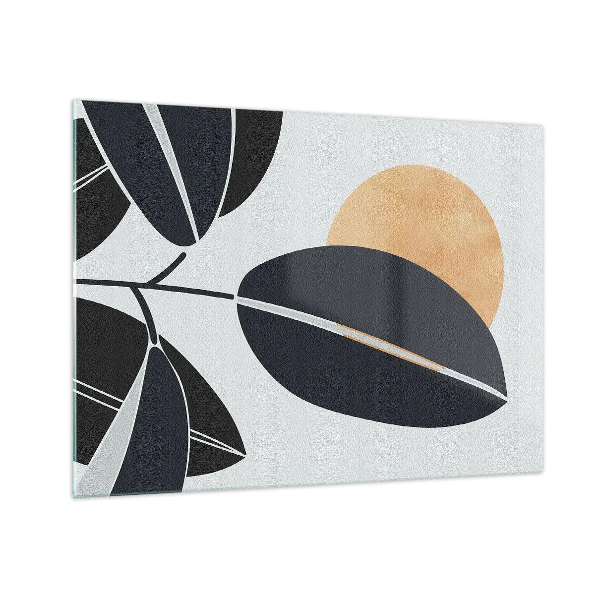 Impression sur verre - Image sur verre - Feuilles stylisées en noir avec un soleil orange en arrière-plan - 70x50cm - Une chaude journée d'été - Décoration murale moderne pour le salon et la chambre ARTTOR