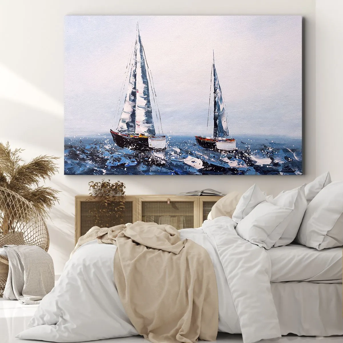 Impression sur toile - Image sur toile - Voiliers sur une mer agitée dans une composition picturale - 70x50cm - Confrérie du vent - Décoration murale moderne pour le salon et la chambre ARTTOR
