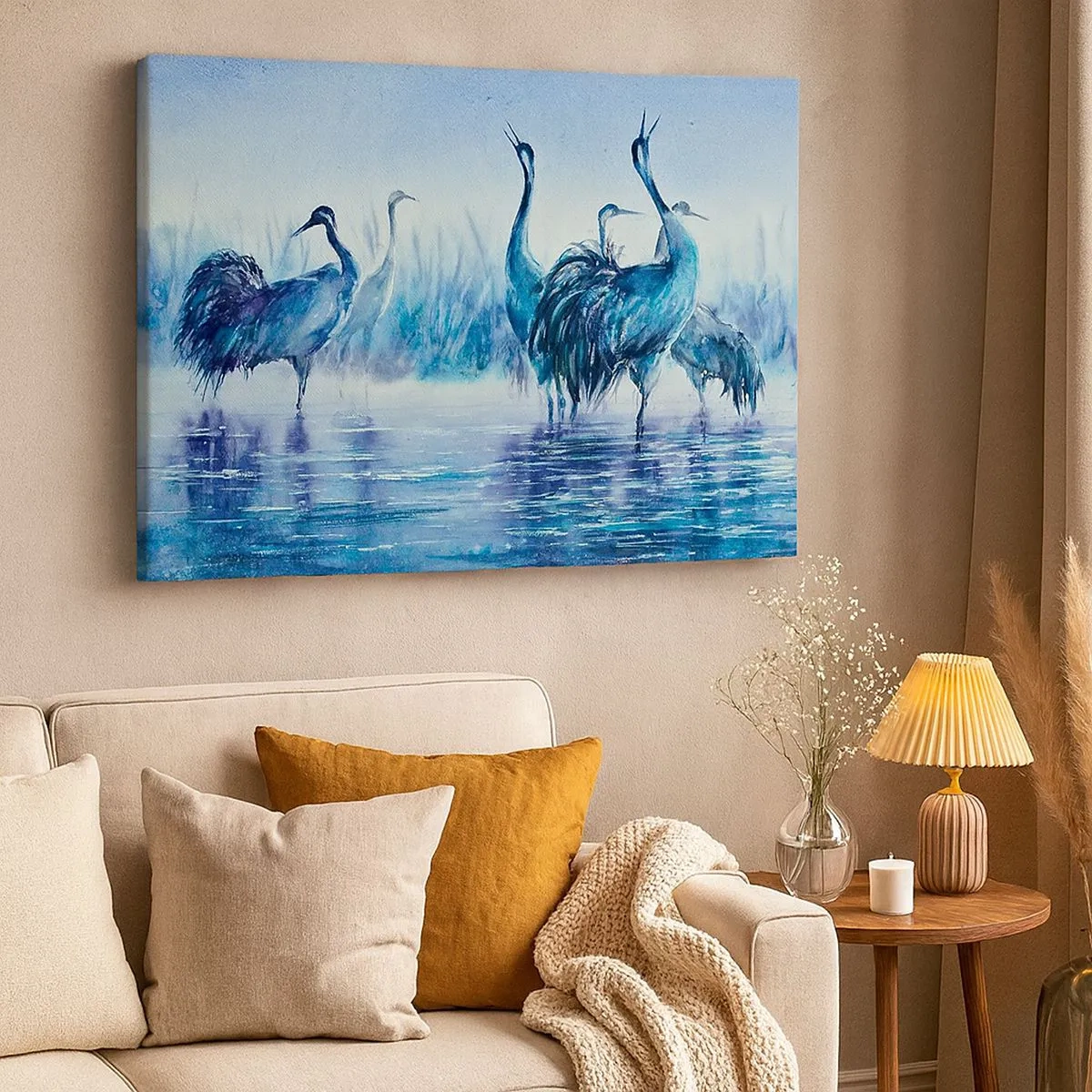 Impression sur toile - Image sur toile - Grues sur fond de brouillard et d'eau dans des tons bleus - 70x50cm - Réunion matinale - Décoration murale moderne pour le salon et la chambre ARTTOR