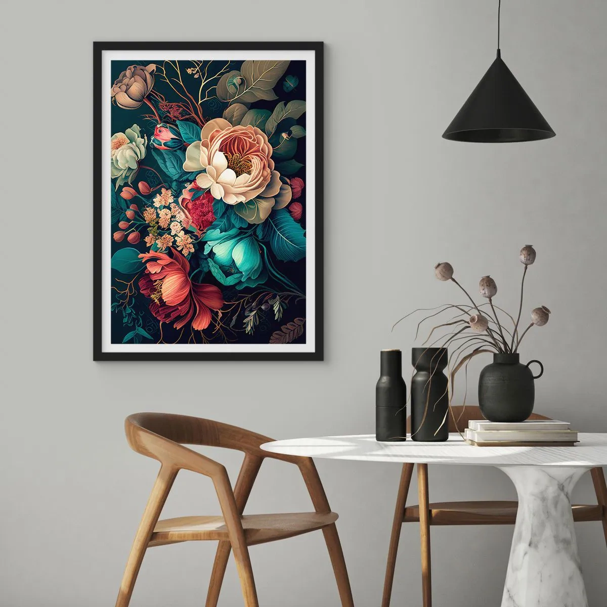 Affiche dans un cadre noir - Poster - Un bouquet de fleurs de style baroque sur fond sombre - 50x70cm - le charme du 19ème siècle - Décoration murale moderne pour le salon et la chambre ARTTOR