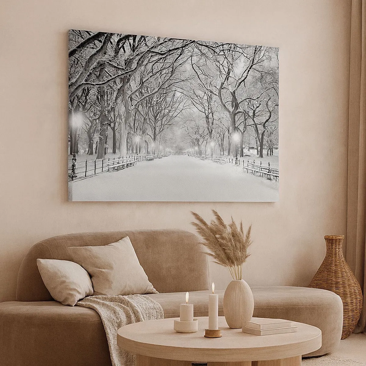 Impression sur toile - Image sur toile - Une allée d'hiver avec des arbres enneigés en monochrome - 70x50cm - Les quatres saisons – l’hiver - Décoration murale moderne pour le salon et la chambre ARTTOR
