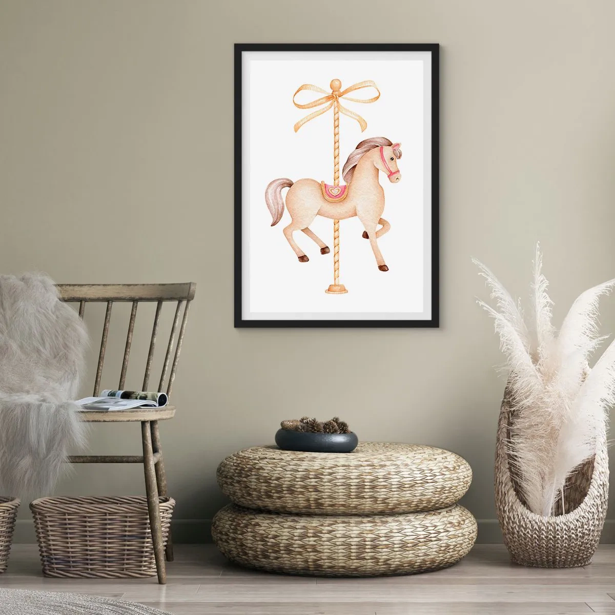 Affiche dans un cadre noir - Poster - Une délicate illustration d'un cheval de carrousel aux pastels - 50x70cm - Un trot gracieux - Décoration murale moderne pour le salon et la chambre ARTTOR