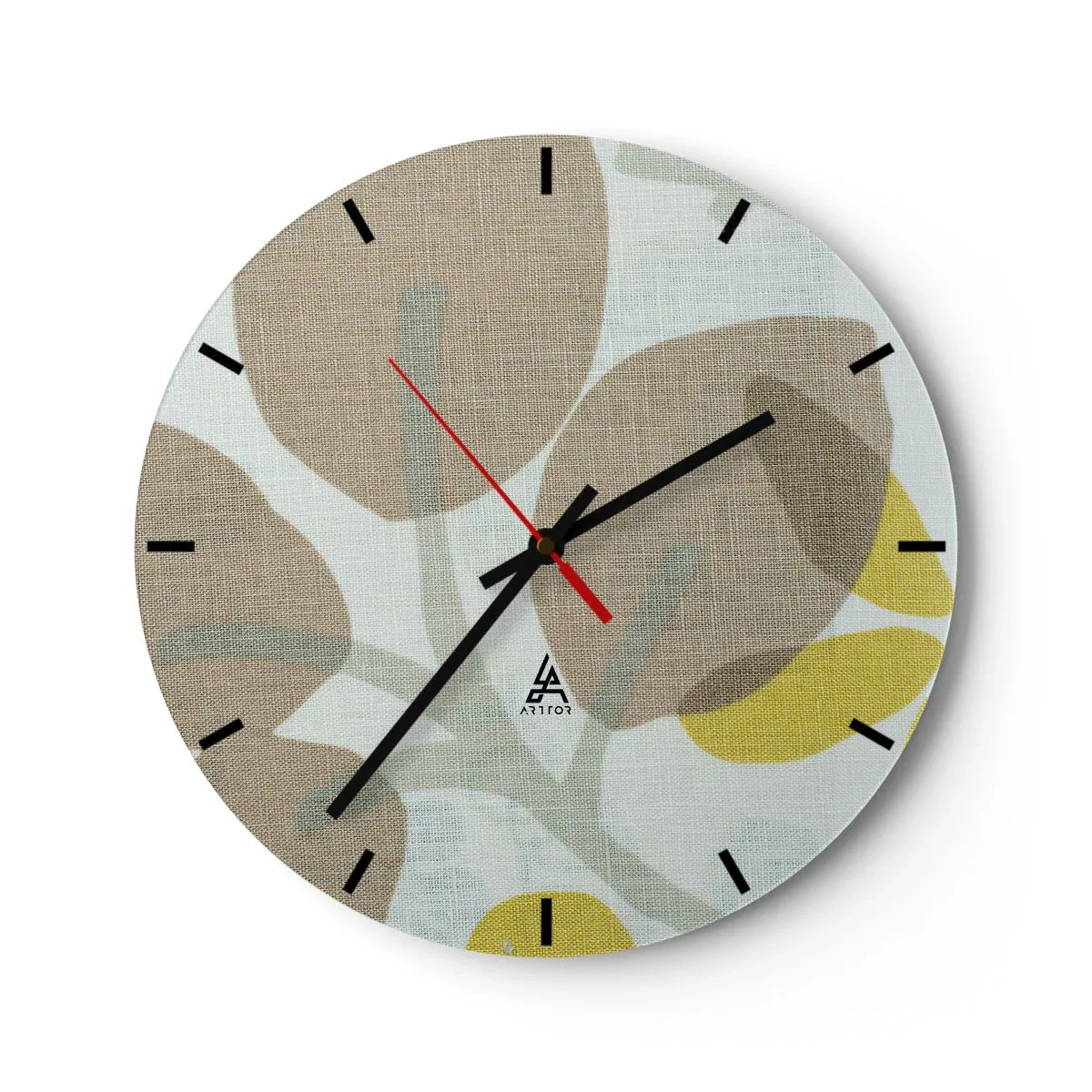 Horloge murale - Pendule murale - Feuilles pastel et accents jaunes sur un fond texturé en lin - 30x30cm - Composition en plein soleil - Décoration murale moderne pour le salon, la cuisine et la chambre ARTTOR