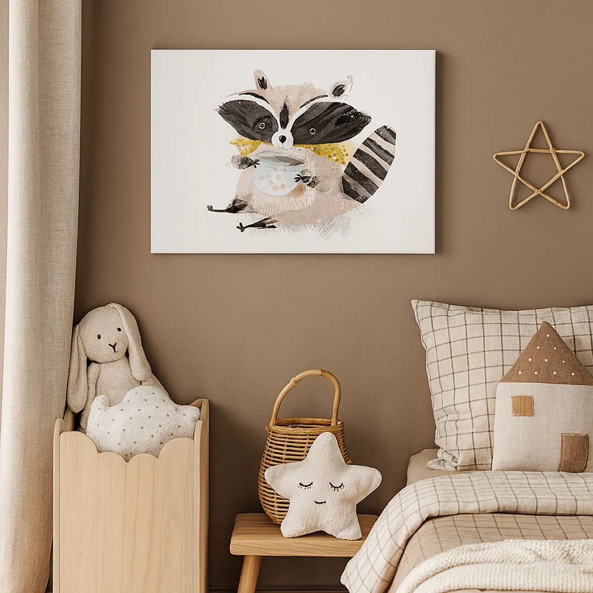 Impression sur toile - Image sur toile - Adorable raton laveur tenant une tasse de couleur pastel - 70x50cm - Mon ami le raton laveur - Décoration murale moderne pour le salon et la chambre ARTTOR