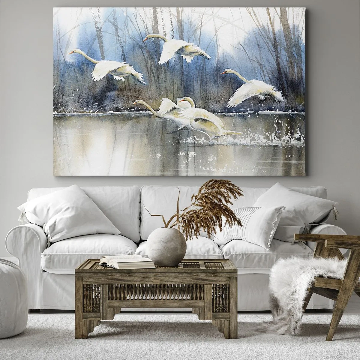 Impression sur toile - Image sur toile - Cygnes en vol au-dessus d'un lac gelé dans un paysage hivernal - 70x50cm - Comme dans un conte de fées sur les cygnes sauvages - Décoration murale moderne pour le salon et la chambre ARTTOR