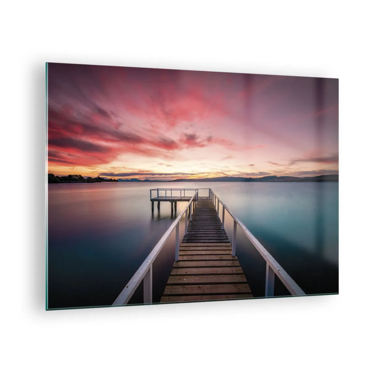 Impression sur verre - Image sur verre - Jetée au bord du lac au coucher du soleil avec un ciel rose - 70x50cm - La douce flamme du soir - Décoration murale moderne pour le salon et la chambre ARTTOR