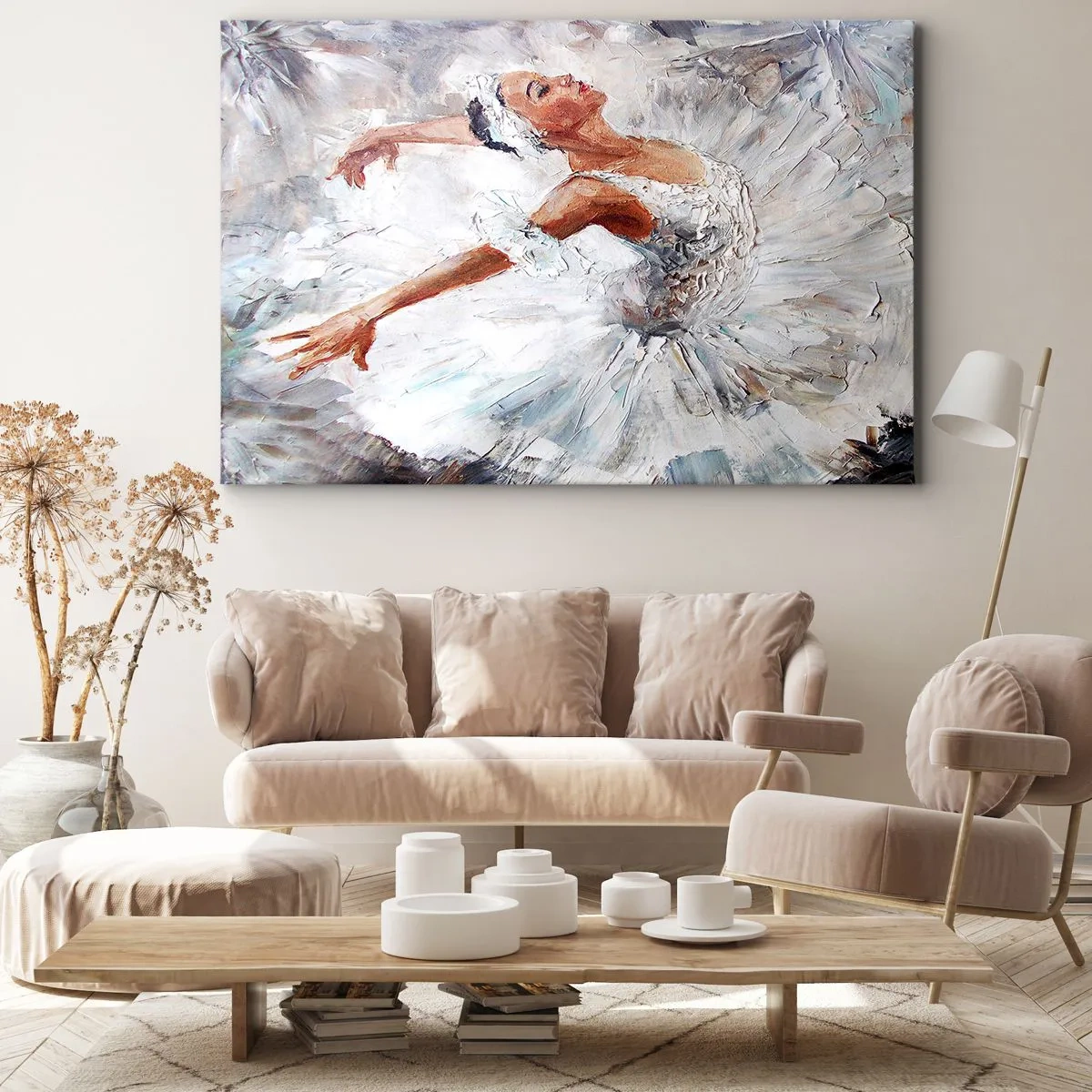 Impression sur toile - Image sur toile - Une ballerine en robe blanche dansant - 70x50cm - Délicat et léger comme du tulle - Décoration murale moderne pour le salon et la chambre ARTTOR