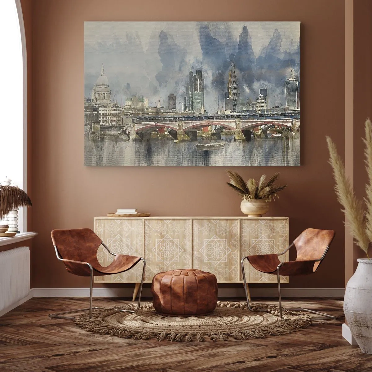 Impression sur toile - Image sur toile - Vue à l'aquarelle du pont et des toits de la ville - 70x50cm - Londres dans toute sa splendeur - Décoration murale moderne pour le salon et la chambre ARTTOR