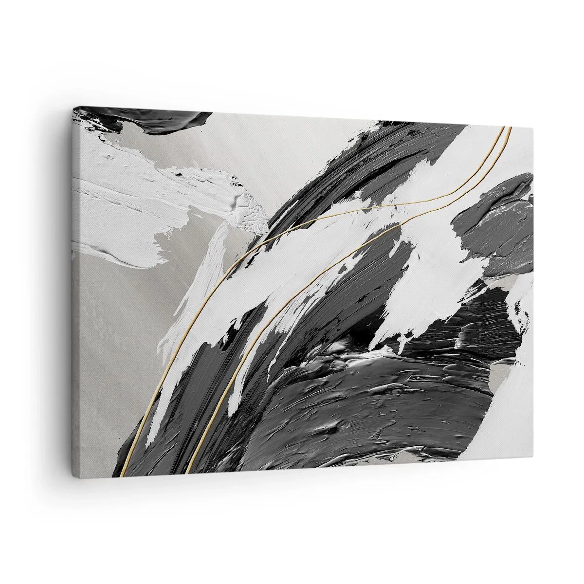 Impression sur toile - Image sur toile - Coups de pinceau noirs et blancs avec une subtile touche dorée - 70x50cm - L'abstraction à grande échelle - Décoration murale moderne pour le salon et la chambre ARTTOR