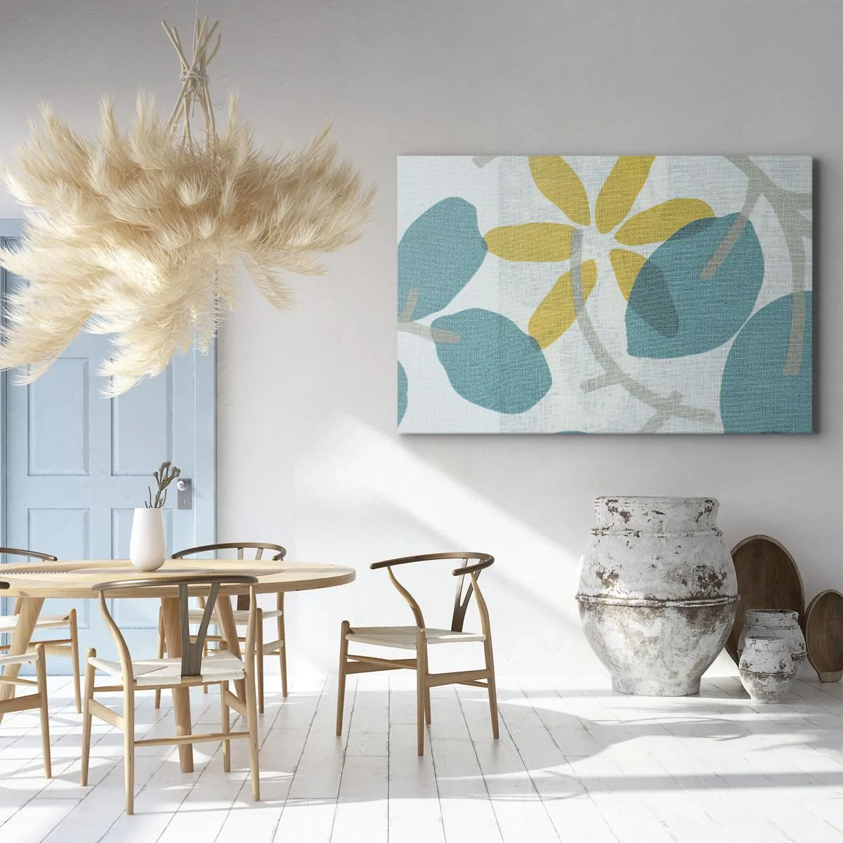 Impression sur toile - Image sur toile - Feuilles aux tons turquoise et jaune sur fond clair - 70x50cm - Wśród lazurowych liści - Décoration murale moderne pour le salon et la chambre ARTTOR