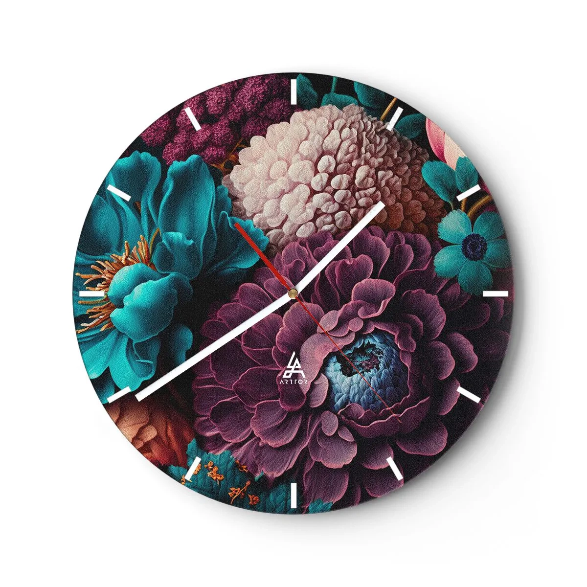 Horloge murale - Pendule murale - Un riche bouquet de fleurs sombres et turquoise avec des détails - 30x30cm - La nature en abondance - Décoration murale moderne pour le salon, la cuisine et la chambre ARTTOR