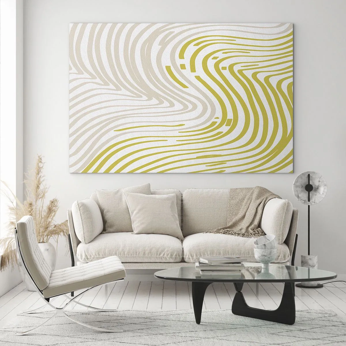 Impression sur verre - Image sur verre - Lignes organiques dans les tons beige et citron vert sur fond blanc - 70x50cm - Une composition au léger virage - Décoration murale moderne pour le salon et la chambre ARTTOR