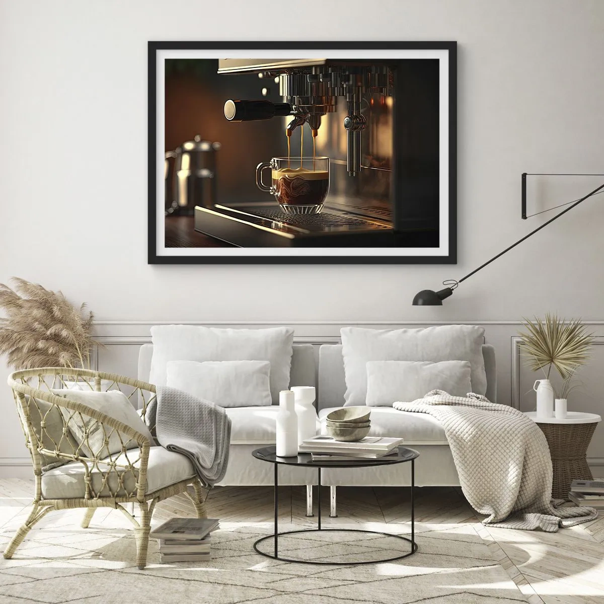 Affiche dans un cadre noir - Poster - Machine à café avec une tasse d'espresso aromatique - 70x50cm - Un mélange sensuel - Décoration murale moderne pour le salon et la chambre ARTTOR