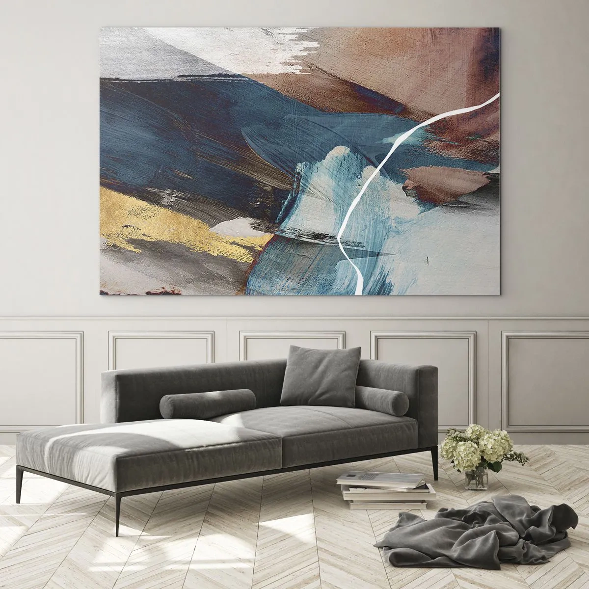 Impression sur verre - Image sur verre - Une composition abstraite en turquoise, or et marron. - 70x50cm - Avec panache et énergie - Décoration murale moderne pour le salon et la chambre ARTTOR