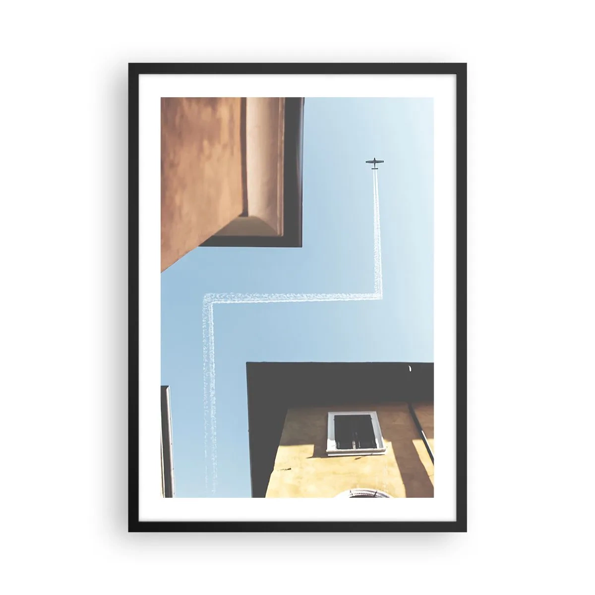 Affiche dans un cadre noir - Poster - Perspective de bâtiments avec un avion et un chemin inhabituel dans le ciel - 50x70cm - Au-dessus du labyrinthe de la ville - Décoration murale moderne pour le salon et la chambre ARTTOR