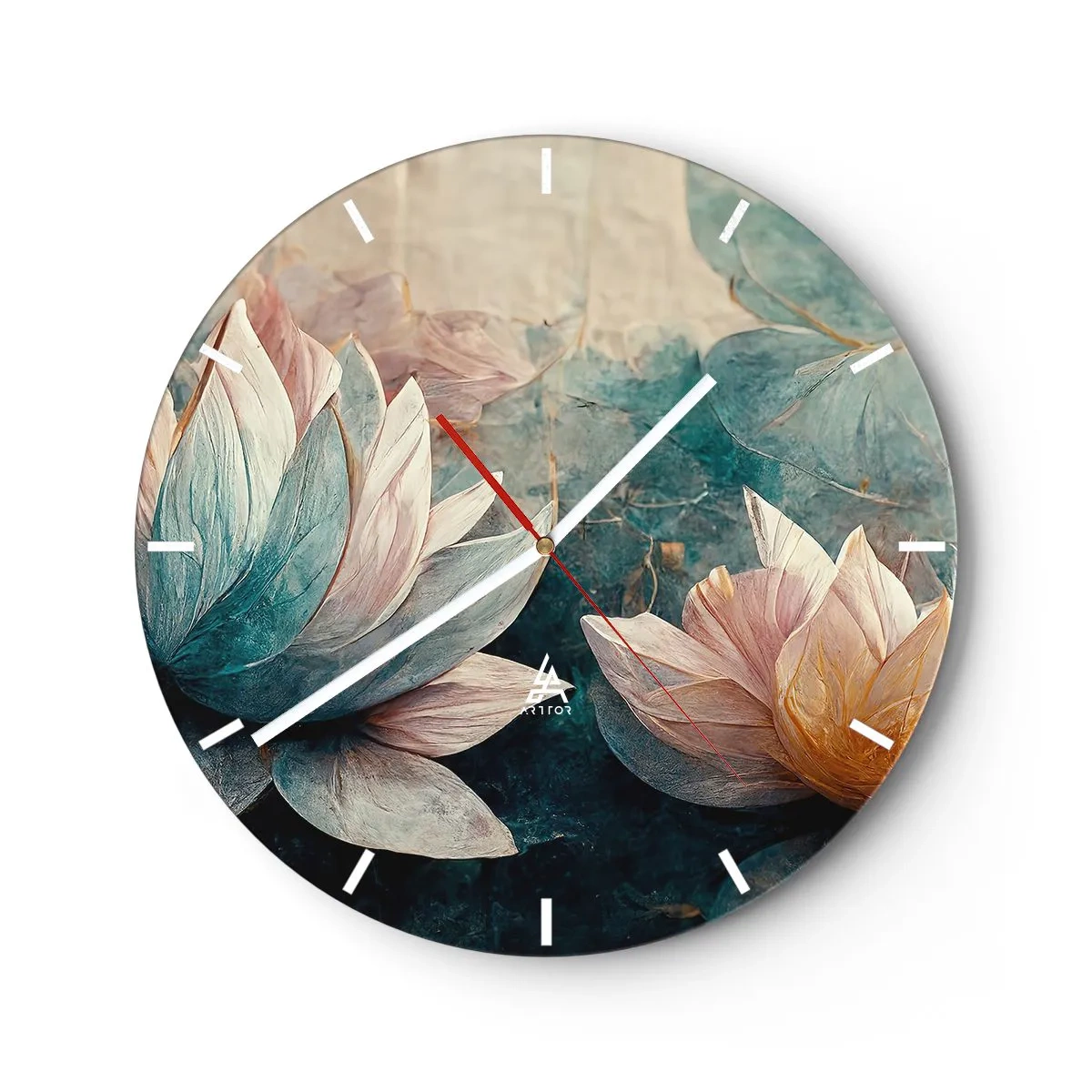Horloge murale - Pendule murale - Fleurs de lotus sur fond de surface vert-bleu du lac - 30x30cm - Les étoiles du lac - Décoration murale moderne pour le salon, la cuisine et la chambre ARTTOR