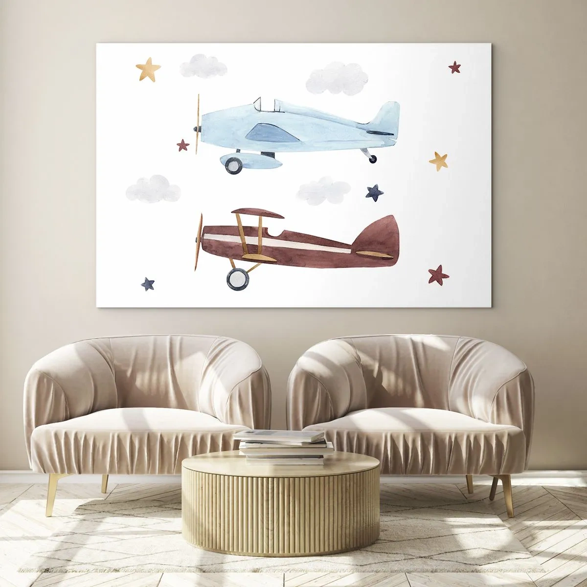 Impression sur verre - Image sur verre - Deux avions colorés parmi les étoiles et les nuages - 70x50cm - Monsieur le pilote, nous vous attendons ! - Décoration murale moderne pour le salon et la chambre ARTTOR