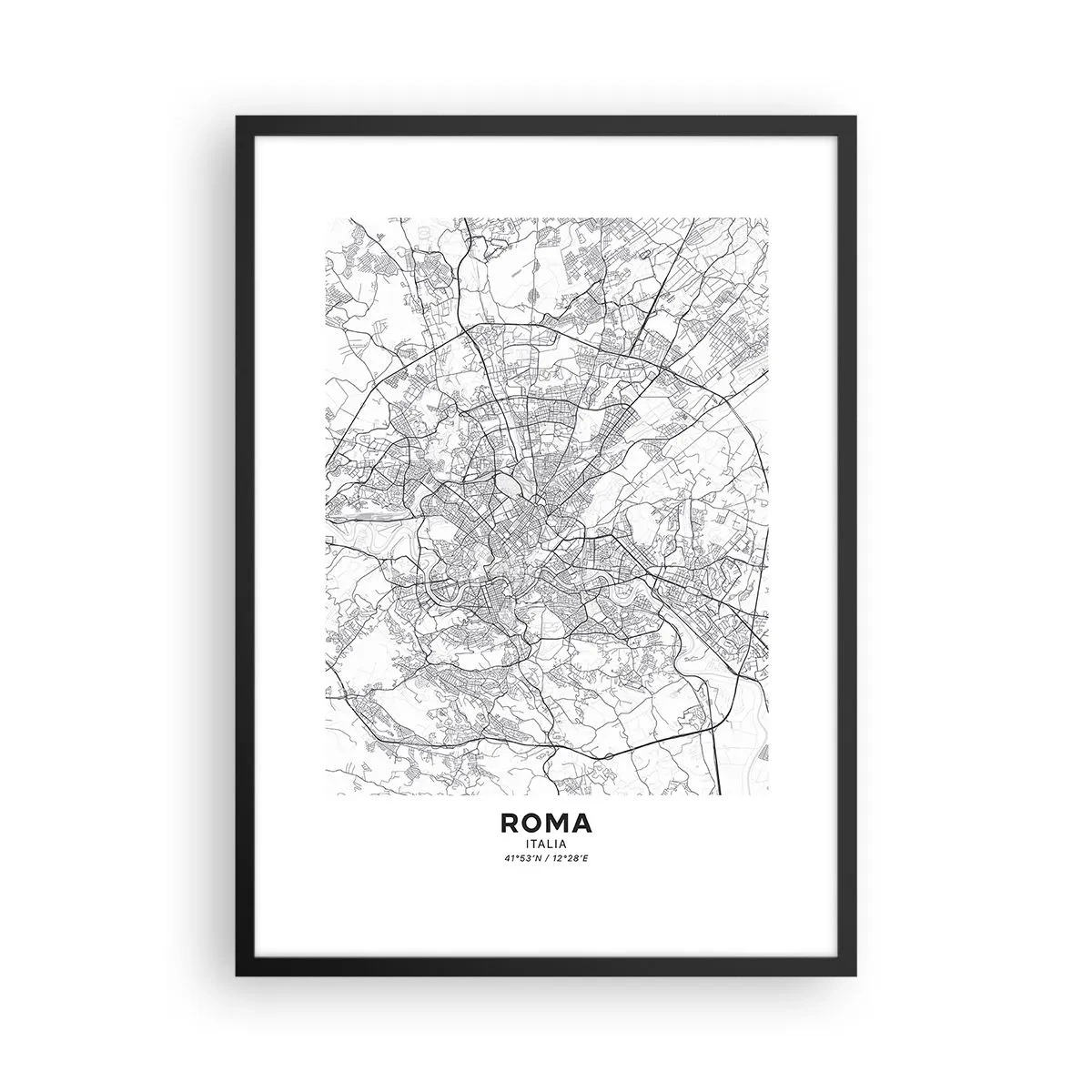 Affiche dans un cadre noir - Poster - Carte de Rome en noir et blanc avec rues et monuments détaillés - 50x70cm - Cercle romain - Décoration murale moderne pour le salon et la chambre ARTTOR