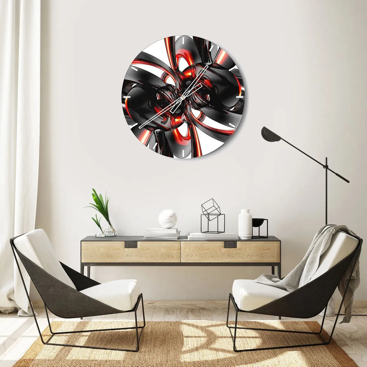 Horloge murale - Pendule murale - Motif abstrait avec des formes rouges et noires - 30x30cm - Mouvement de graphite et rouge - Décoration murale moderne pour le salon, la cuisine et la chambre ARTTOR