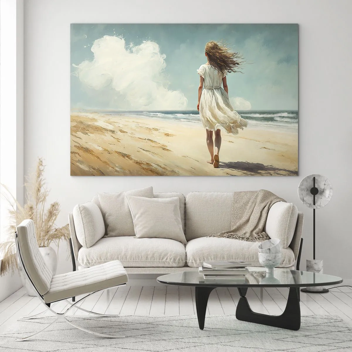 Impression sur verre - Image sur verre - Une femme en robe blanche marchant pieds nus sur une plage ensoleillée - 70x50cm - Pour rencontrer le soleil et le vent - Décoration murale moderne pour le salon et la chambre ARTTOR