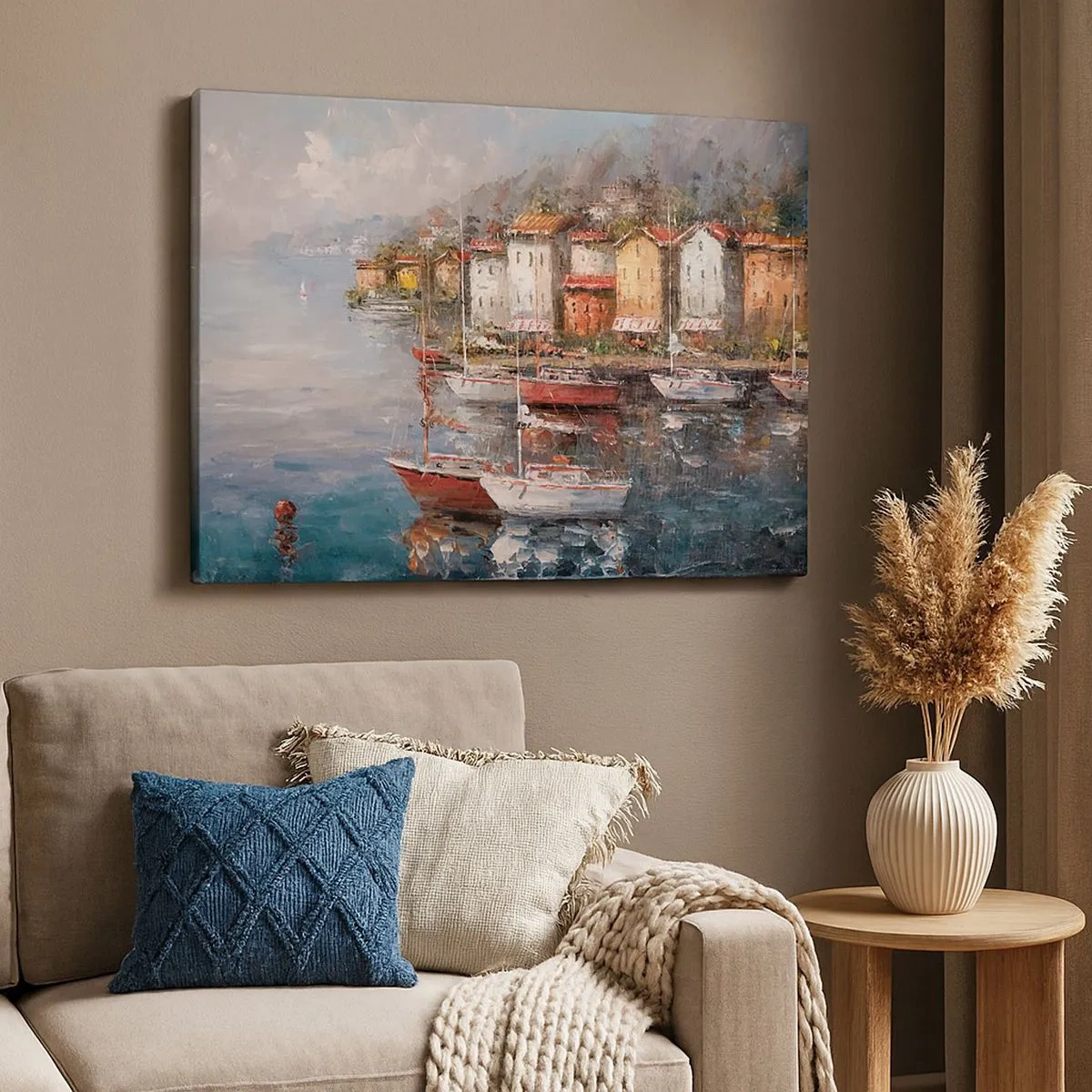 Impression sur toile - Image sur toile - Paysage de bord de mer avec des bateaux et des maisons colorées - 70x50cm - Havre romantique - Décoration murale moderne pour le salon et la chambre ARTTOR